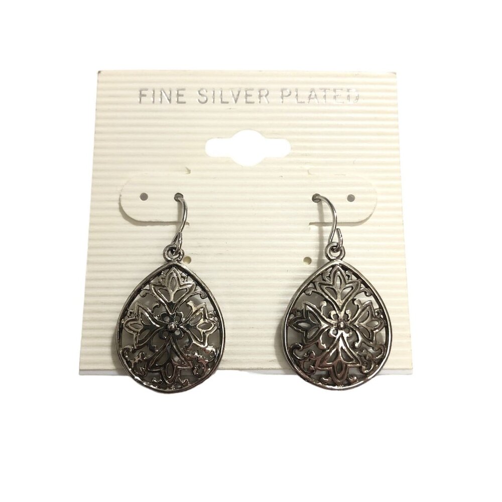 Fine Silver Plated Teardrop Dangle Earrings with Floral Design